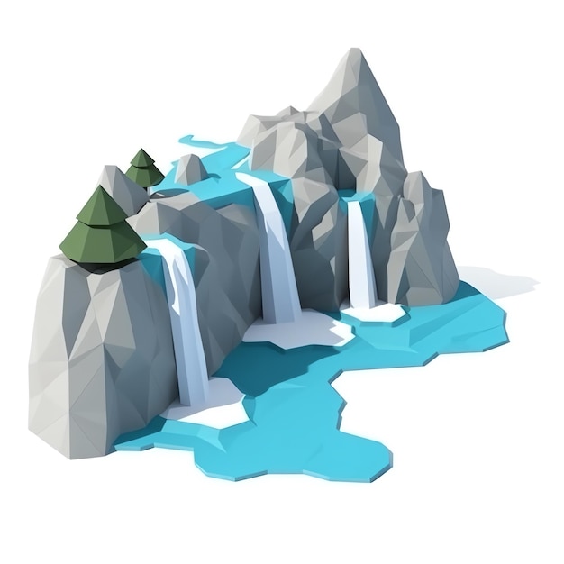 A 3d illustration of a mountain with a waterfall and a green tree on it.