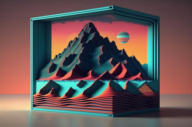 A 3d illustration of mountains and the sun