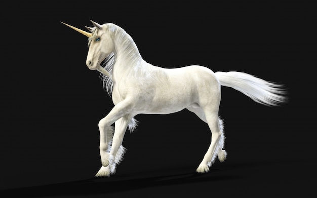 3d Illustration Mythical White Unicorn Posing Isolate on Dark wall with Clipping Path.