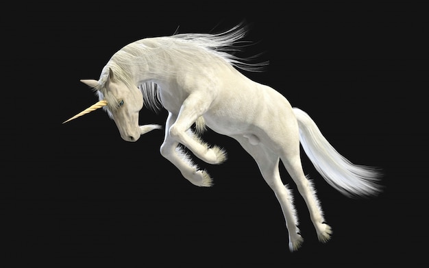 3d Illustration Mythical White Unicorn Posing Isolate on Dark wall with Clipping Path.