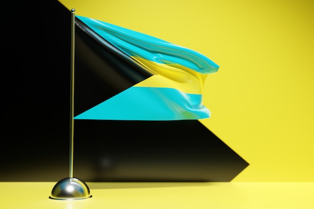 3D illustration of the national flag of Bahamas on a metal flagpole fluttering .Country symbol.