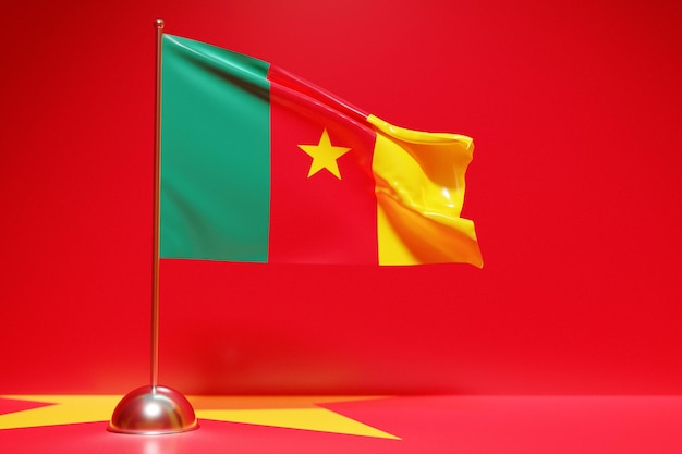 3D illustration of the national flag of Cameroon on a metal flagpole fluttering .Country symbol.