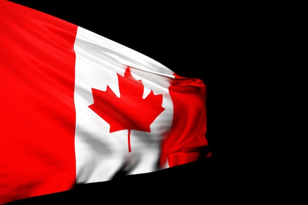 3D illustration of the national flag of Canada on a metal flagpole fluttering against the black isolated background. Country symbol.