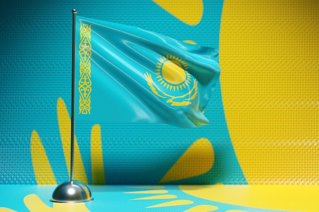 3D illustration of the national flag of Kazakhstan on a metal flagpole fluttering .Country symbol.