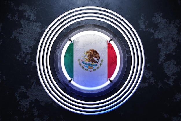 3D illustration of the national flag of Mexico in a pink and blue neon round frame on a black background