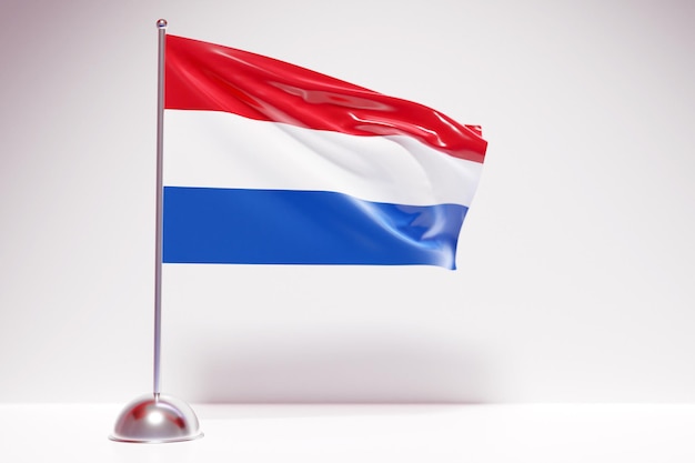 3D illustration of the national flag of Netherlands on a metal flagpole fluttering .Country symbol.