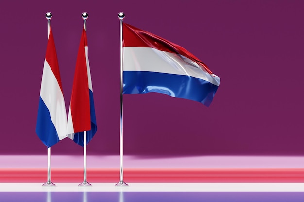 3D illustration of the national flag of Netherlands on a metal flagpole fluttering .Country symbol.