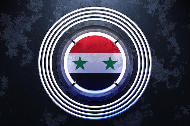 3D illustration of the national flag of Syria in a white neon round frame on a black background