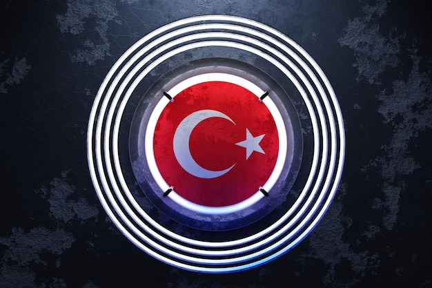 3D illustration of the national flag of Turkey in a white neon round frame on a black background