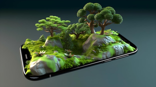 3d illustration natural forest on smartphone