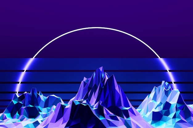 3d illustration neon colorful mountains of different sizes on a blue background Sharp waves Abstract lines Flow background