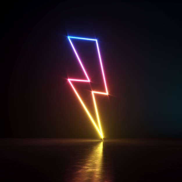 3d illustration. Neon lightning sign symbol in a dark room.