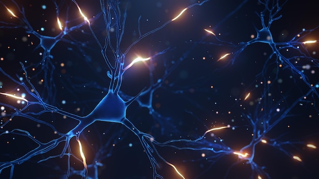 3d illustration of neuron cells with light pulses on a dark background