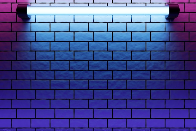 3D illustration of a new brick wall and a illuminated by neon blue lights