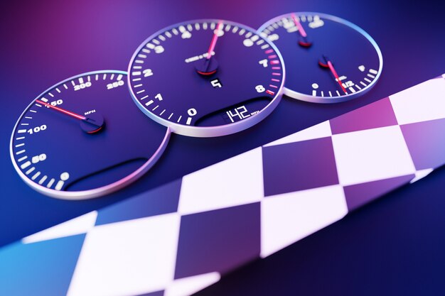 3d illustration new car interior details. speedometer shows 142 km h , tachometer  