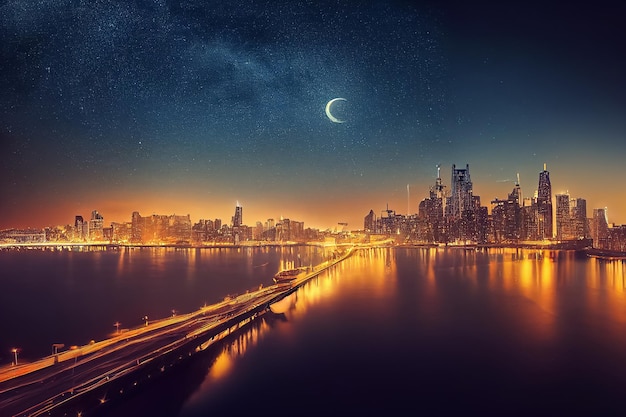 3d illustration of night city with a bright lights and stars on sky