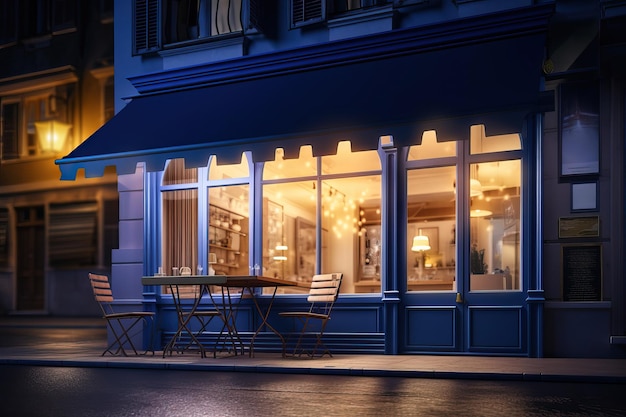 3d illustration night scene of cafe with striped awning blue shutters and door AI generated