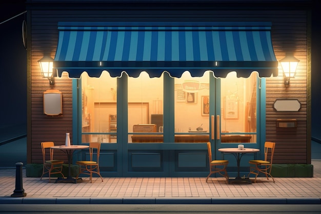 3d illustration night scene of cafe with striped awning blue shutters and door AI generated