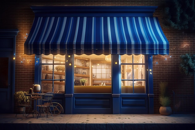 3d illustration night scene of cafe with striped awning blue shutters and door AI generated