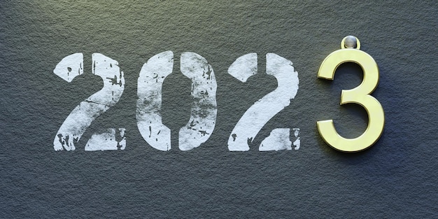 3d illustration of number 2023 in white peeled and gold on textured green and yellow background