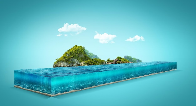 3d illustration of ocean isolated with clouds. Travel and vacation background. Surfing waves.