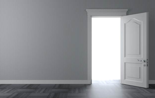 3d illustration. An open classic white door on the wall. The light behind the door. 