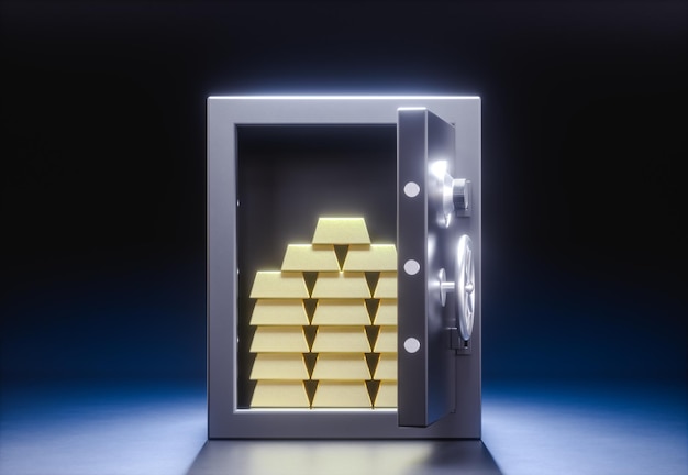 3D illustration An open safe deposit box with a stack of gold bars inside