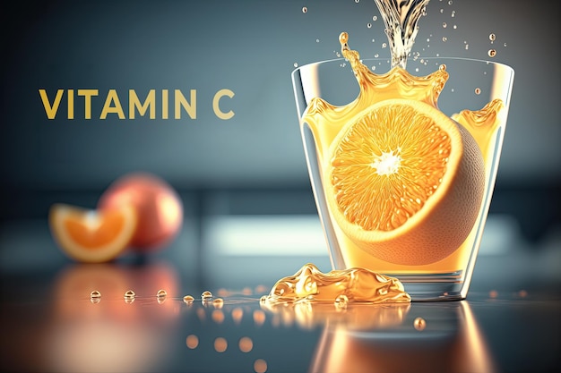 3D illustration of an orange flavored Vitamin C effervescent tablet dissolving in a cup of water