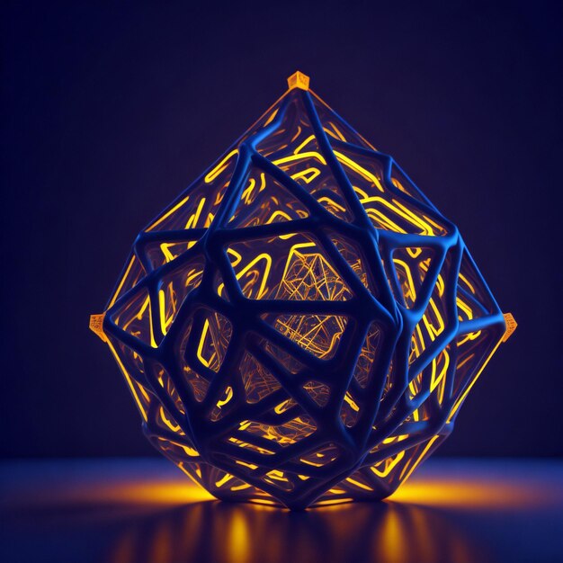 3d illustration of orange neon icosahedron