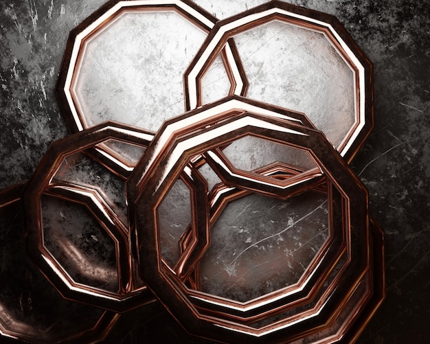 3d illustration of overlapping copper decagons on scratched and smeared silver background i