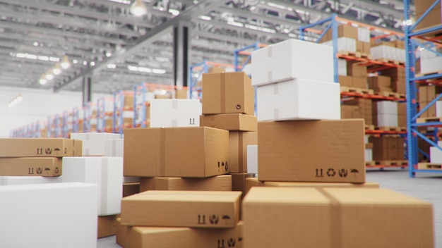 3D Illustration packages delivery, parcels transportation system concept, heap of cardboard boxes in middle of the warehouse. Warehouse with cardboard boxes inside on pallets racks. Huge warehouse.