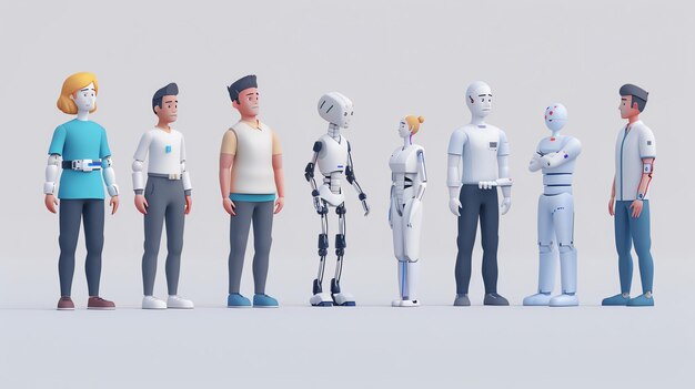 Photo a 3d illustration of people and robots standing sidebyside