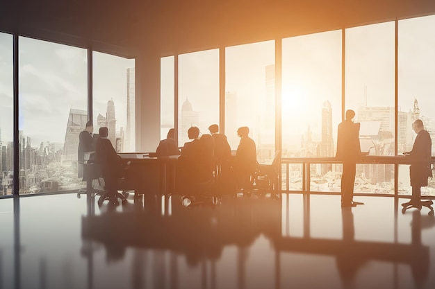 3d illustration of people working in office with windows in floor and city view and sunset light