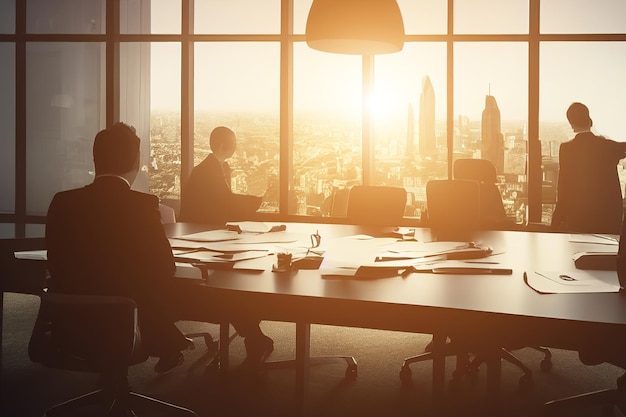 3d illustration of people working in office with windows in floor and city view and sunset light