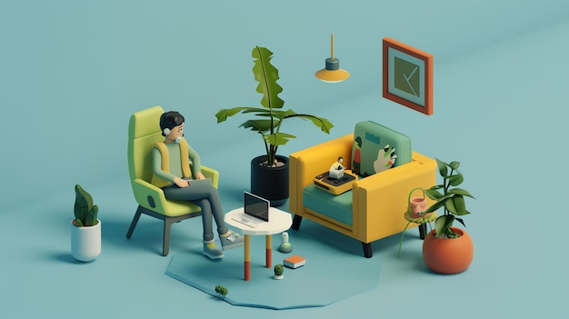 A 3D illustration of a person sitting in a chair working on a laptop in a living room