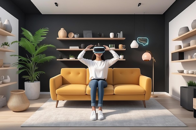 Photo a 3d illustration of a person using vr glasses to browse and shop for furniture in a virtual metaverse environment