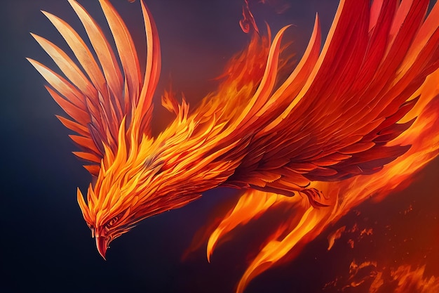 3d illustration of Phoenix fantastic in flight flapping wings blazing with fire