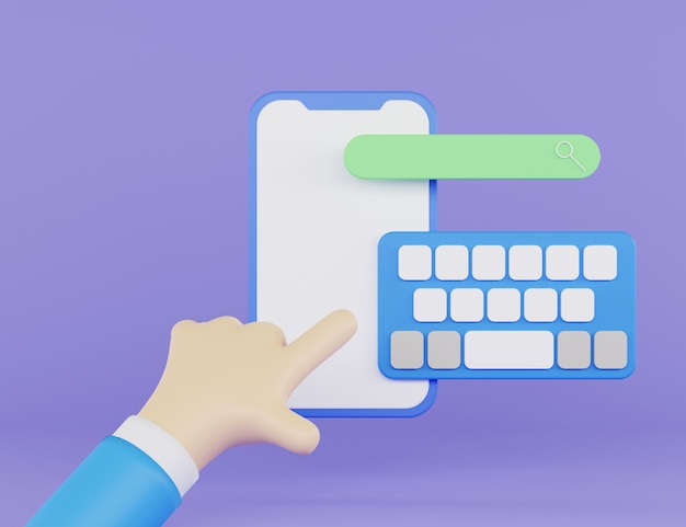 3d illustration of phone with pop up keyboard and search pop up with 3d hand and purple background