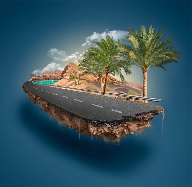 3d illustration of piece of desert isolated creative travel and tourism road design with palm trees