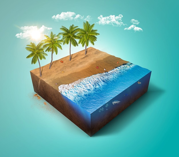 3d illustration of  piece of tropical beach with palm trees isolated. beach 3d isometric design.