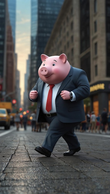 3D Illustration of Piggy Bank Character in Business Suit Walking Through Financial District