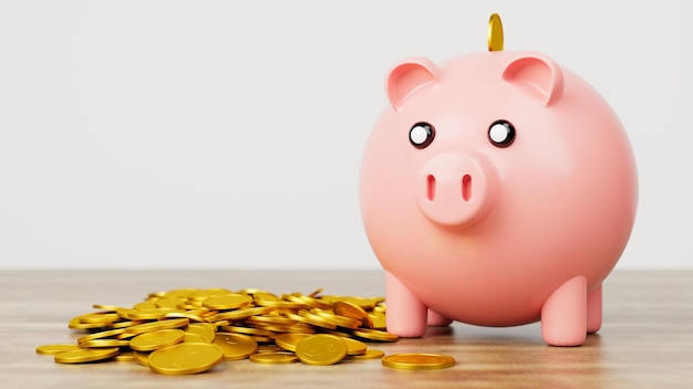 3d illustration of a piggy bank with golden coins next to it, on a wooden table and a white backgrou