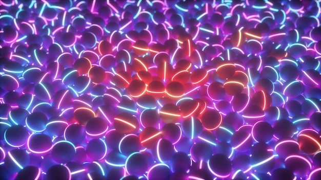 3D illustration of a pile of neon colorful glow spheres and balls