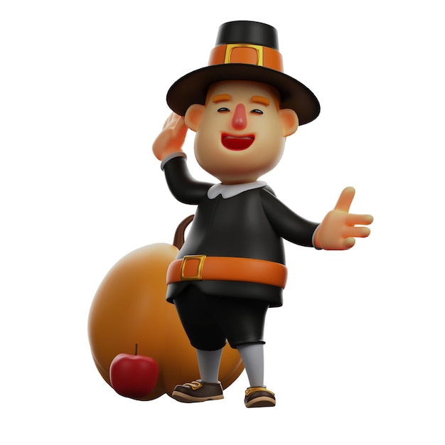 3D illustration Pilgrim Man 3D Thanksgiving character with happy face standing behind a large