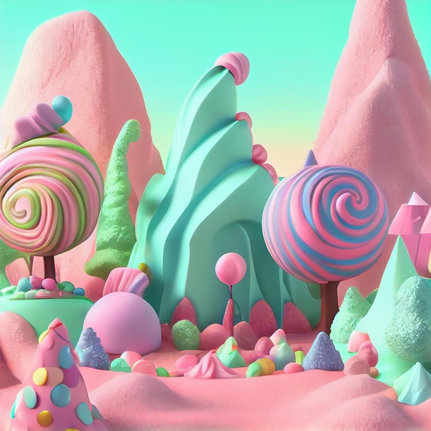 A 3d illustration of a pink and blue landscape with a pink and green landscape and a large rock formation.