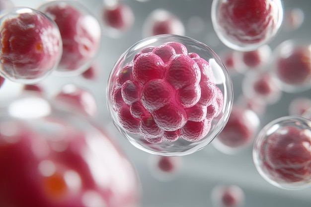 A 3D illustration of pink cells in a transparent sphere