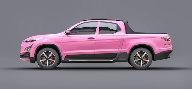 3D illustration of pink concept cargo pickup truck on grey isolated background. 3d rendering.