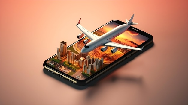 3d illustration of plane fly over the city for travel vocation concept