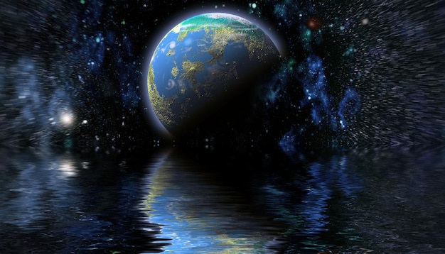 3D illustration planet in space reflected in water Beautiful unusual space Planet and Galaxy Elements of this Image Furnished by NASA