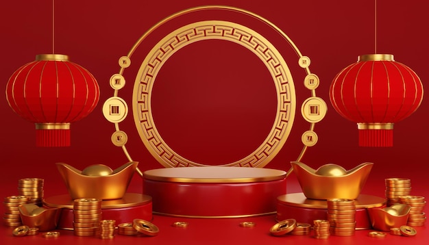 3d illustration of podium round stage podium and paper art chinese new year